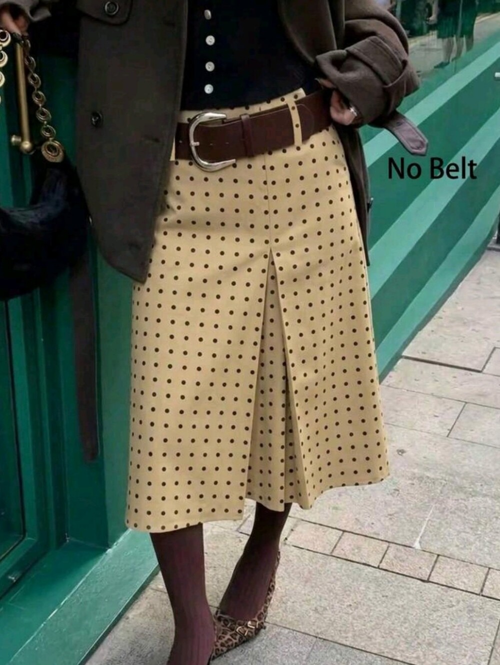 New Women's Brown Polka Dot Elegant Midi Dress, No Belt With Front Pockets